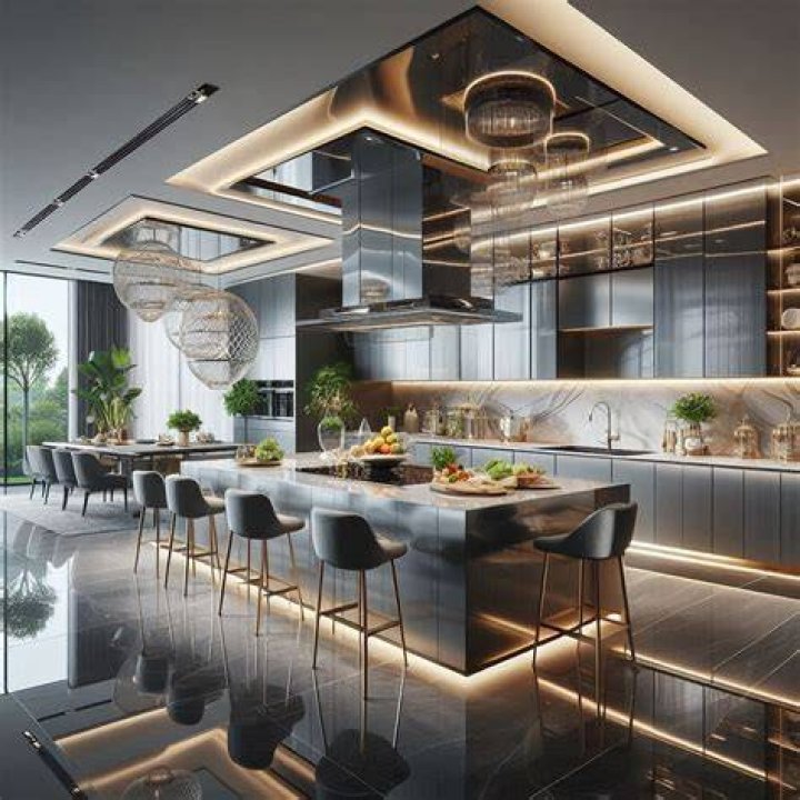 beautiful kitchen in new luxury home with island, pendant lights, and hardwood floors.