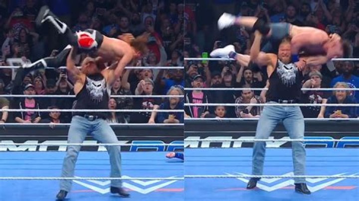 Brock Lesnar executing the F5 on Seth Rollins