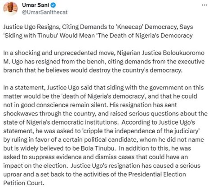Justice Ugo Has Not Resigned Appeal Court Politics Nigeria