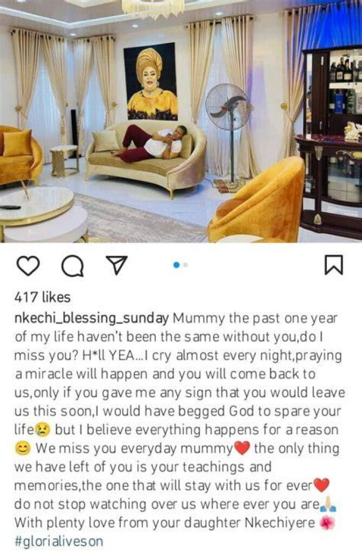 Nkechi Blessing to mark one year remeberance of her late mother in
