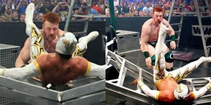 Sheamus Powerbombs Sin Cara through a ladder Cropped