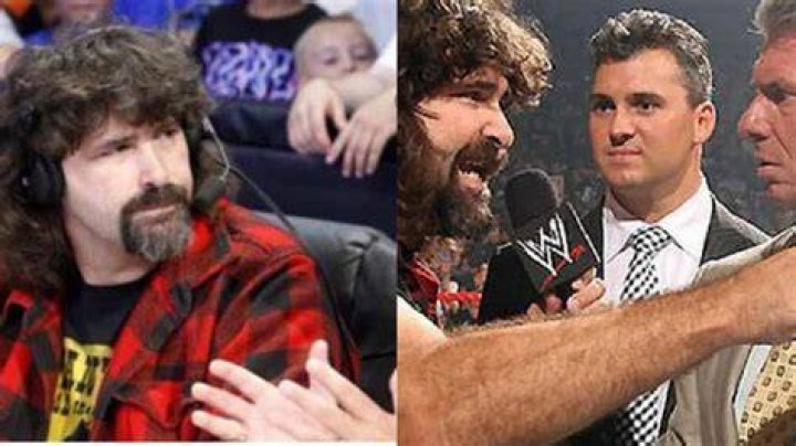 Split screen. Mick Foley with Mr. Socko on Tommy Dreamer. Ric Flair and The Miz wooing.