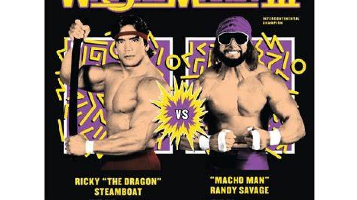 Steamboat assaults Savage with Macho Man stuck in the ropes